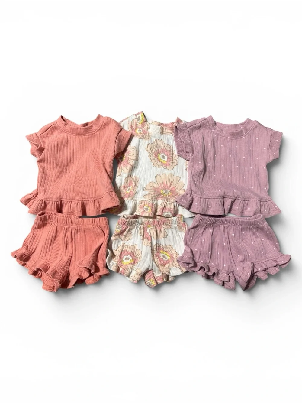 3 Newborn sets  Ruffle Sleeve Knit Shorts Set - Rose, Floral, Mauve